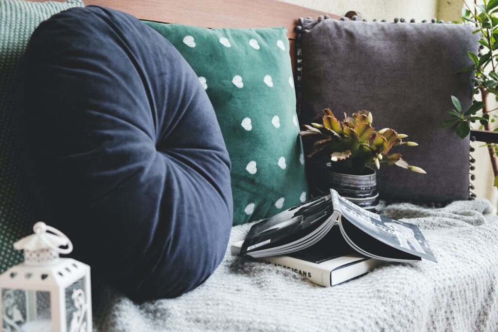 throw pillows beside books