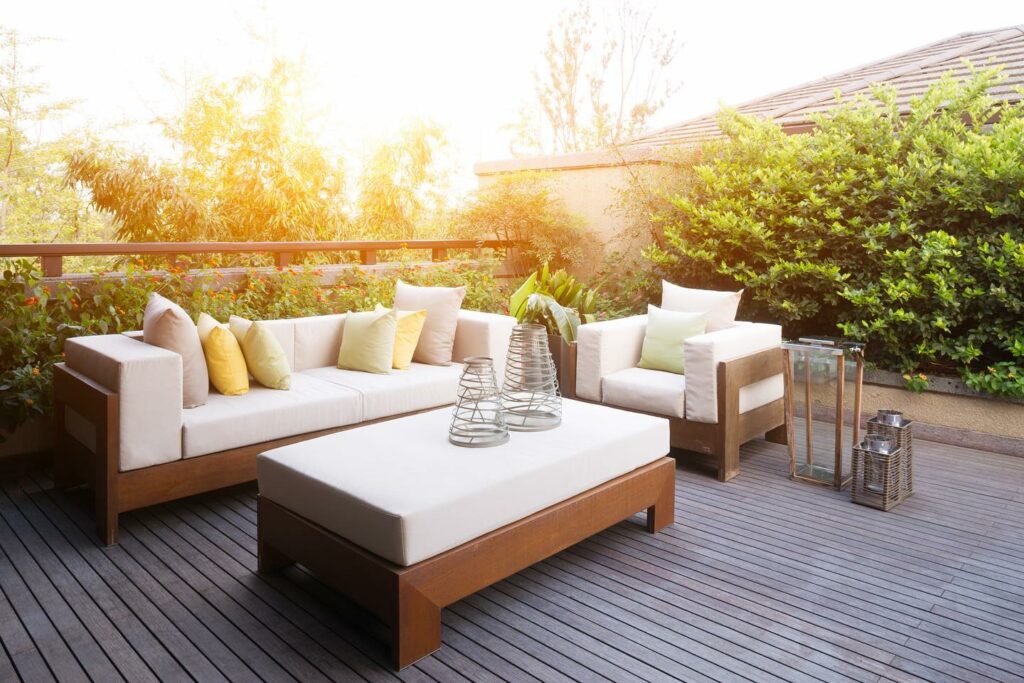 sunset feeling design patio, design garden with pretty cushions and pillows