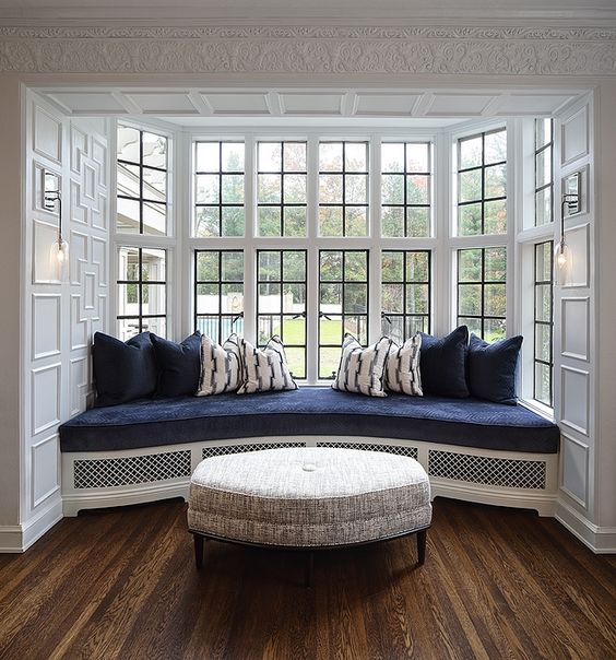 window bench with blue cushions